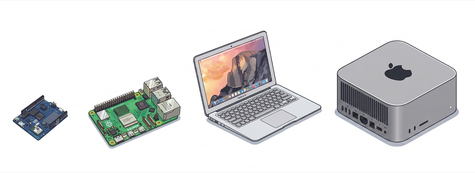 Arduino UNO-Q, Raspberry Pi 5, laptop and Mac Studio at relative scale