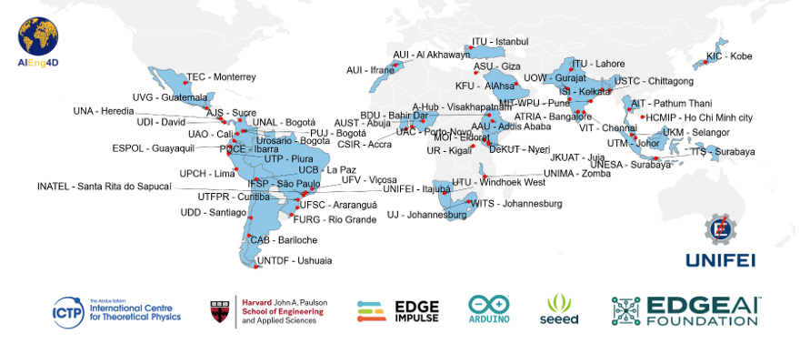 World map of AIEng4D partner universities across Latin America, Africa and Asia